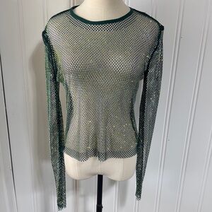 Shasta Green Mesh Rhinestone Long Sleeve Top Size L